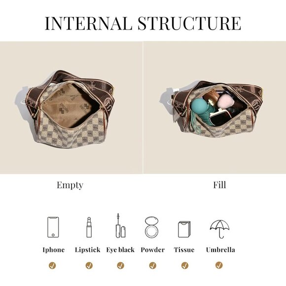 Checkered Vegan Leather Crossbody Bag Women’s Shoulder Handbag Adjustable Strap - Picture 6 of 8